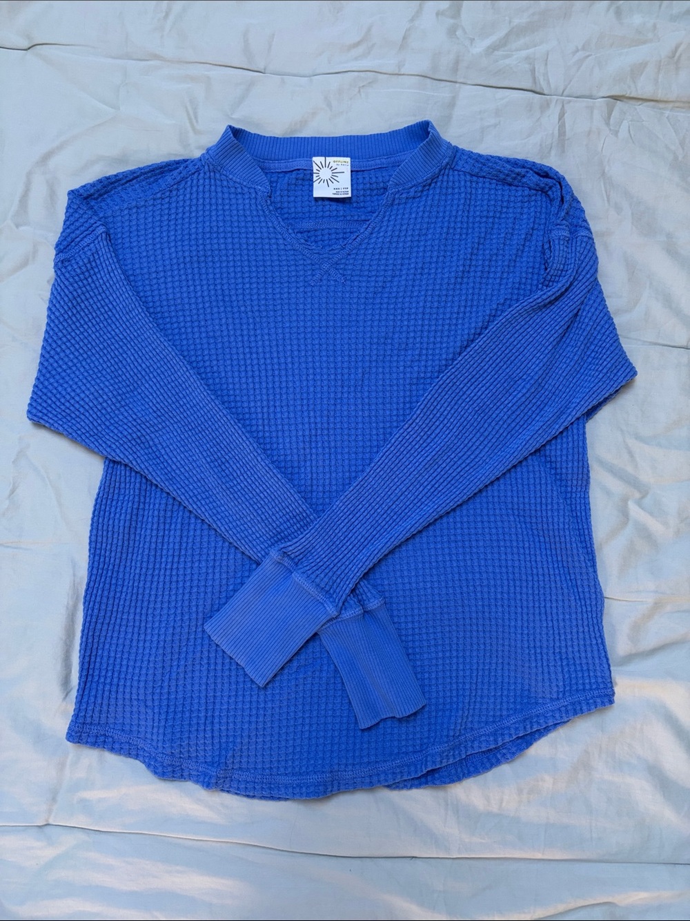 Blue Waffle-Knit Long Sleeve Thermal Top